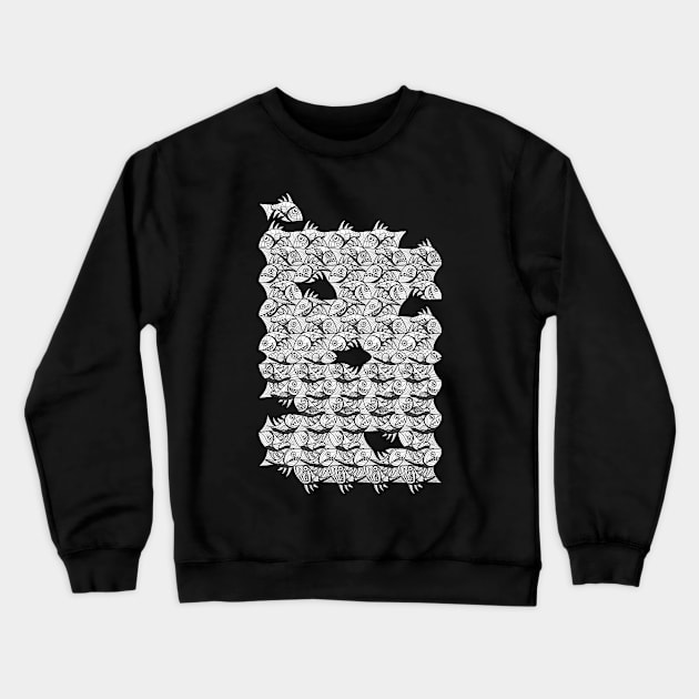 Fish black and white drawing pattern Escher Style Crewneck Sweatshirt by Maxsomma